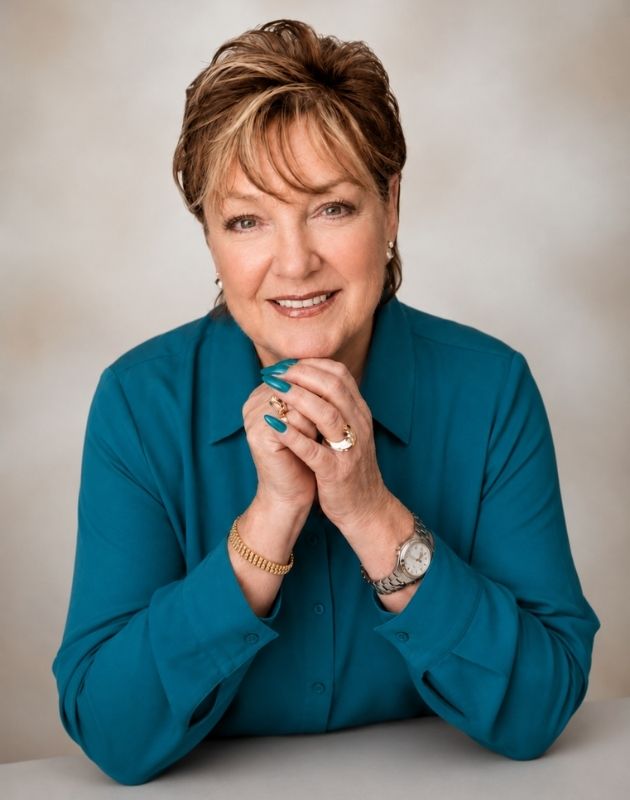 Susan Bock - teal shirt clasped hands