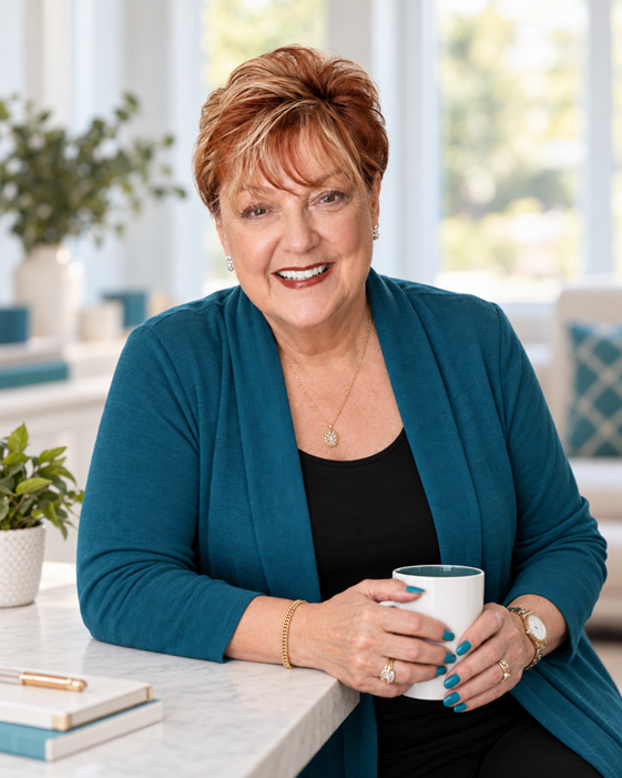 Susan Bock leaning on counter with coffee mug