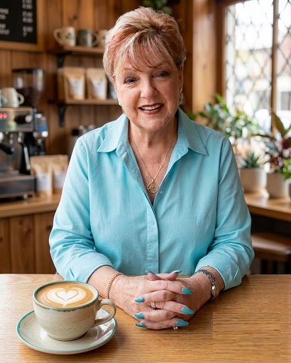 Susan Bock at a desk with a cup of coffee